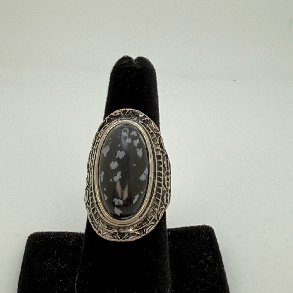 Oval Snowflake Obsidian Silver Tone Ring 7.5